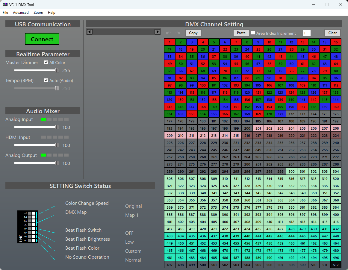 VC-1-DMX Tool の DMX Channel Setting 画面